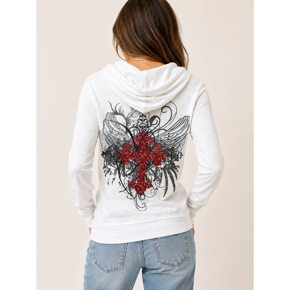 Maurices Y2K White Rhinestone Cross Wing Graphic Hoodie Womens M Goth Grunge